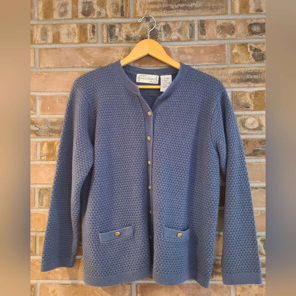 Vntg Sarah Bentley Wms Gold Button Cardigan Waffle Knit Dusty Blue Sweater SZ L